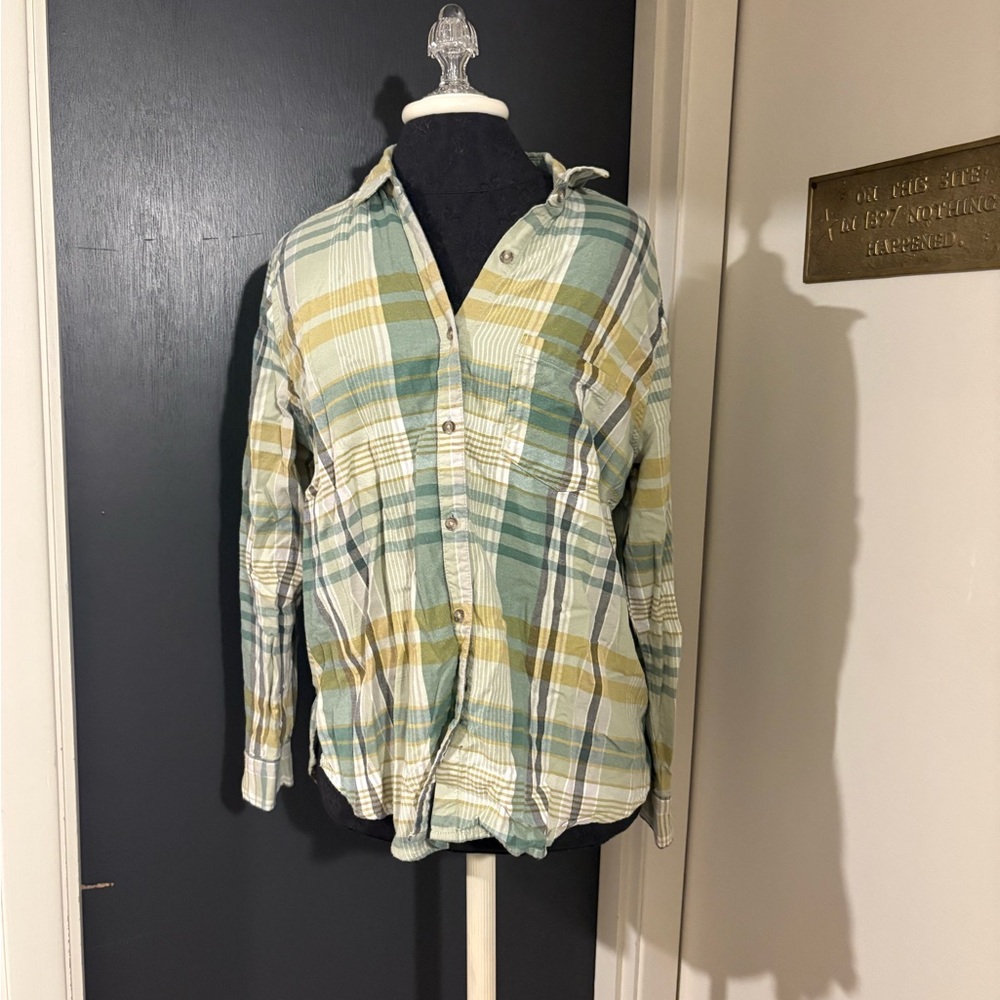 💜 Universal Thread Cotton Blend Women Plaid Button-Down Shirt Green and Yellow